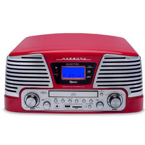 Toca Discos Raveo Harmony Vintage Anos 50 Vermelho Bluetooth USB e SD AM FM CD Player e Gravação