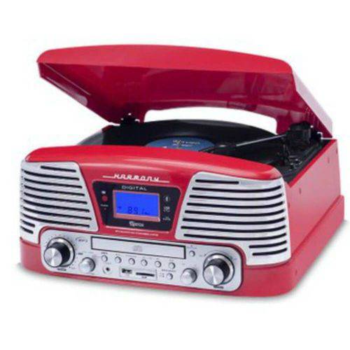 Toca Discos Vintage Anos 50 Raveo Harmony Bluetooth, FM, CD Player, USB, SD, Gravação Vermelho