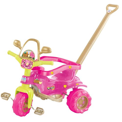 Triciclo Infantil Tico Tico Dino Pink Motoca Adesivo e Acessórios Haste