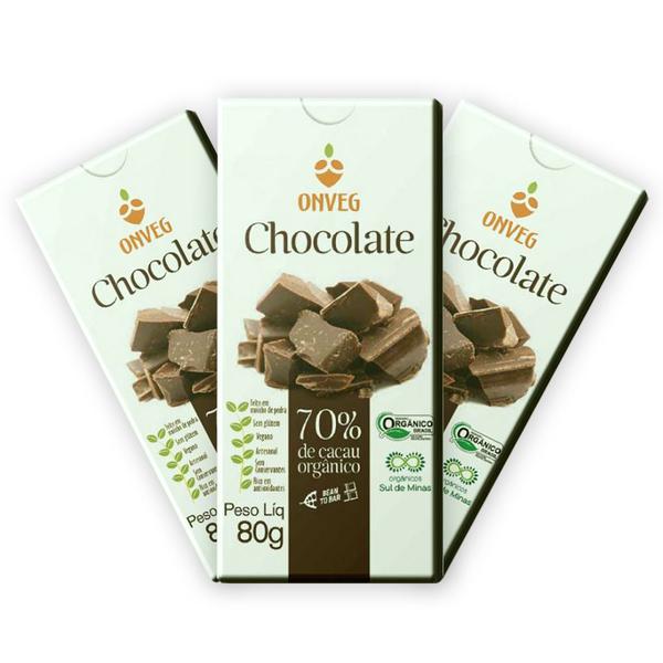 3 Un. Chocolate Vegano 70% Cacau Orgânico 80g Onveg