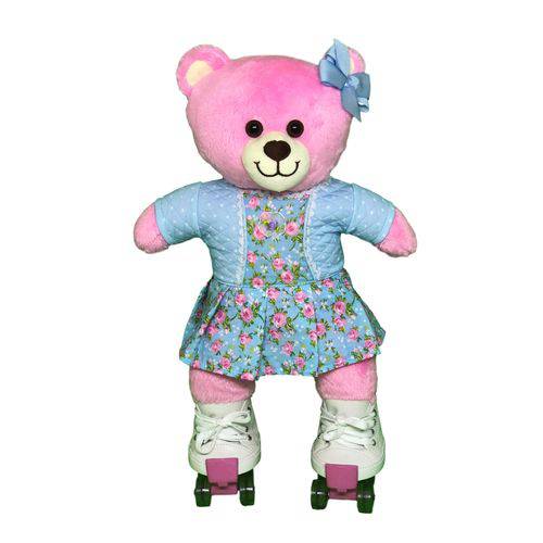 Tudo sobre 'Urso de Pelúcia Rosa com Vestido de Flor Azul, Patins e Laço'