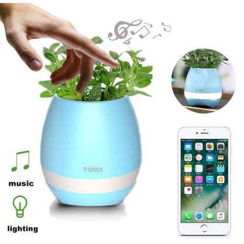Vaso de Planta Musical com Sensor Toque Caixa Som Bluetooth e Led Decorativo Recarregavel Azul