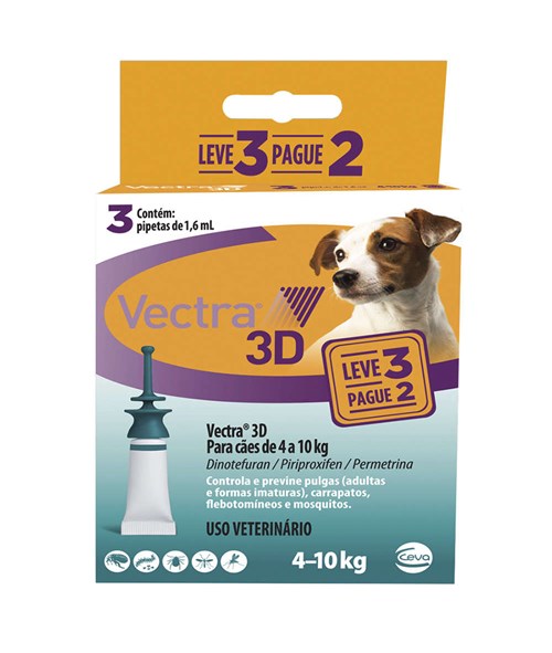 Vectra 3D Cães 4 a 10kg 3 Pipetas Anti-pulgas Ceva