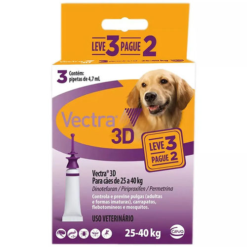 Vectra 3d Cães 25 a 40kg 4.7ml Anti-pulgas Ceva 3 Pipetas