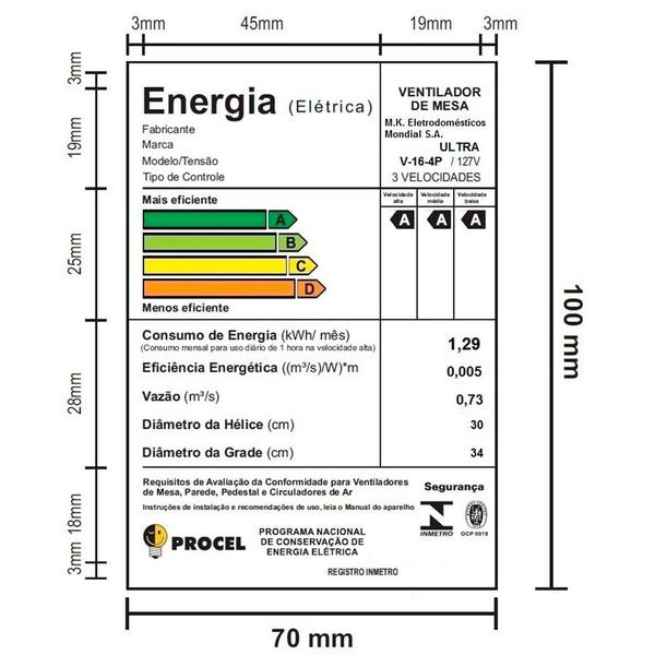 Ventilador de Mesa Mondial 30cm V-16 Branco/Azul