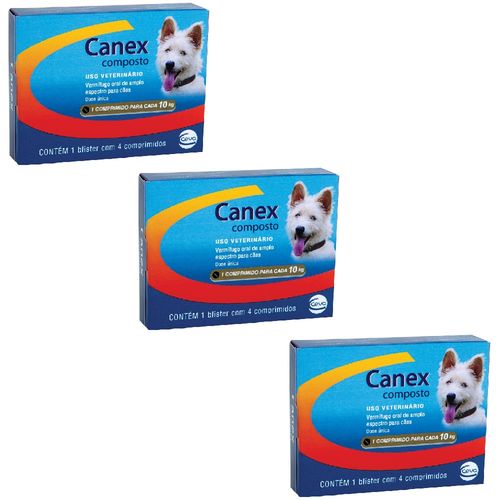 VERMÍFUGO Ceva Canex Composto para CÃES de ATÉ 10 Kg - 4 Comprimidos - Kit 03 Unidades