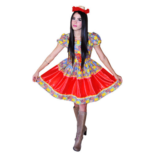 Vestido de Festa Junina Caipira Quadrilha com Luva e Fitas de Cabelo