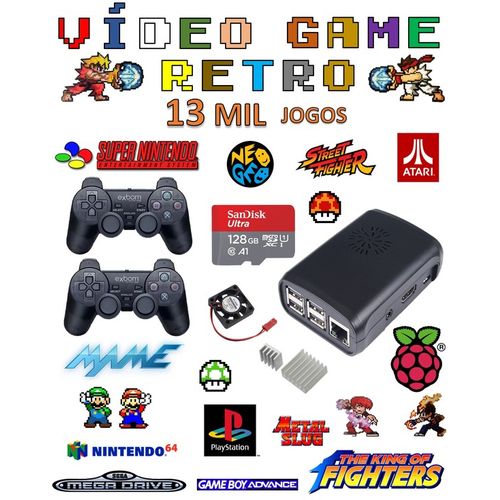 Vídeo Game Retro com 13 MIL Jogos 128GB com 2 Controles Ps2 Case Preta