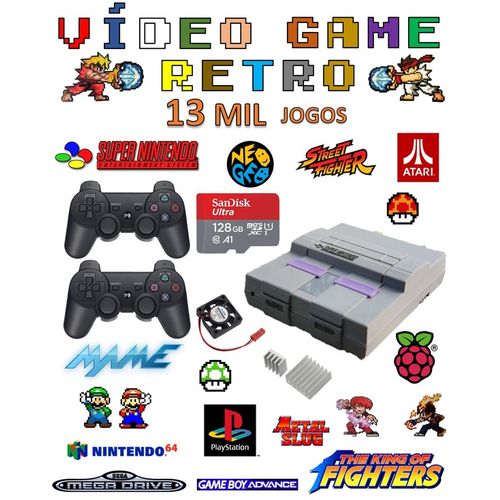 Vídeo Game Retro com 13 MIL Jogos 128GB com 2 Controles Sem Fio Case Super Nintendo