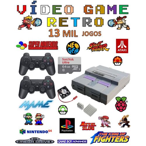 Vídeo Game Retro com 13 MIL Jogos 64GB com 2 Controles Sem Fio Case Super Nintendo