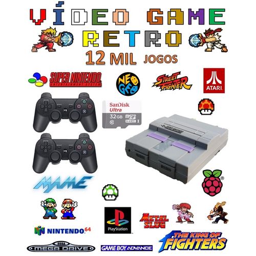 Tudo sobre 'Vídeo Game Retro com 12 MIL Jogos 32GB com 2 Controles Sem Fio Case Super Nintendo'