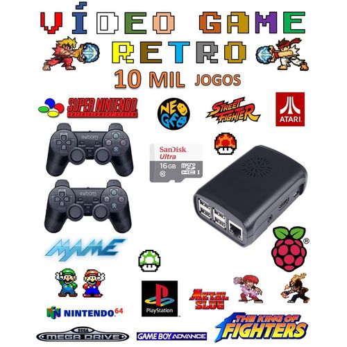 Vídeo Game Retro com 10 MIL Jogos 16GB com 2 Controles PS2 Case Preta