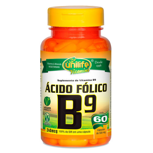 Vitamina B9 Ácido Fólico (500mg) 60 Cápsulas Vegetarianas - Unilife
