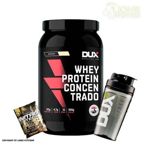 Tudo sobre 'Whey Protein Concentrado 900g Coco Dux Nutrition + Shaker + Dose de Suplemento'