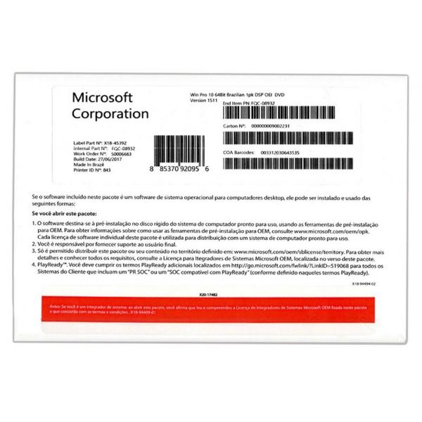 Microsoft Windows 10 Pro 64 Bits OEM DVD