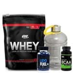 Ficha técnica e caractérísticas do produto 100% Whey Protein Chocolate + Bcaa Optimum + Galão + Lipo Fuel Pnt