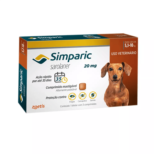 Ficha técnica e caractérísticas do produto Antipulgas Simparic Zoetis 20 Mg Cães 5,1 a 10 Kg 3 Comprimidos