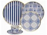 Aparelho de Jantar 30 Peças Oxford Porcelana - Redondo Branco e Azul Lusitana