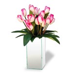 Ficha técnica e caractérísticas do produto Arranjo de Flores Artificiais Tulipas Rosas no Vaso de Vidro Espelhado Retangular 40x15cm