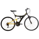Ficha técnica e caractérísticas do produto Bicicleta Adulto Aro 26 Tb 100 Aço Mtb Dupla Suspensão 18 Marchas Preto/Amarelo Track