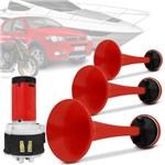 Ficha técnica e caractérísticas do produto Buzina Automotiva Eletropneumática com 3 Cornetas Vermelhas 2 Tons Universal 12v