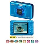 Ficha técnica e caractérísticas do produto Câmera Digital Nikon CoolPix S30 Azul C/ LCD 2,7”, 10.1 MP, Zoom Óptico de 3x, Vídeos em HD (720p) e à Prova D’água