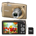 Ficha técnica e caractérísticas do produto Câmera Digital Nikon CoolPix S3300 Dourada com LCD 2.7”, 16.0 MP, Zoom Óptico 6x, Vídeo HD + Cartão de 8GB