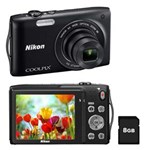 Ficha técnica e caractérísticas do produto Câmera Digital Nikon CoolPix S3300 Preta com LCD 2.7”, 16.0 MP, Zoom Óptico 6x, Vídeo HD + Cartão de 8GB