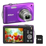 Ficha técnica e caractérísticas do produto Câmera Digital Nikon CoolPix S3300 Roxa com LCD 2.7”, 16.0 MP, Zoom Óptico 6x, Vídeo HD + Cartão de 8GB