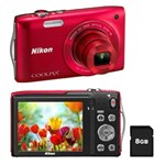 Ficha técnica e caractérísticas do produto Câmera Digital Nikon CoolPix S3300 Vermelha com LCD 2.7”, 16.0 MP, Zoom Óptico 6x, Vídeo HD + Cartão de 8GB