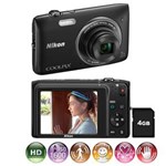 Ficha técnica e caractérísticas do produto Câmera Digital Nikon Coolpix S3400 Preta - 20.1 MP, LCD 2.7", Foto Panorâmica, Zoom Ótico de 7x, Vídeo HD + Cartão de 4GB
