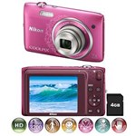 Ficha técnica e caractérísticas do produto Câmera Digital Nikon Coolpix S3500 Rosa - 20.1 MP, LCD 2,7", Zoom Ótico de 7x, Estabilização de Imagem VR, Vídeo em HD + Cartão de 4GB