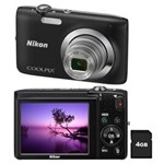 Ficha técnica e caractérísticas do produto Câmera Digital Nikon Coolpix S2600 Preta C/ LCD 2,7”, 14 MP, Zoom Óptico 5x, Estabilizador de Imagem, Vídeo HD + Cartão de 4GB