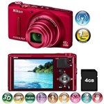 Ficha técnica e caractérísticas do produto Câmera Digital Nikon Coolpix S9500 Vermelha – 18.1 MP, LCD 3.0", Zoom Ótico de 22x, Foto Panorâmica e 3D, Wi-Fi e GPS, Vídeo Full HD + Cartão de 4GB