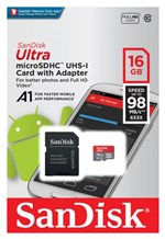 Ficha técnica e caractérísticas do produto Cartão 16GB Micro SD com Adaptador SD - Classe 10 - Velocidade Até 98MB/s - Sandisk Ultra SDSQUAR-016G-GN6MA
