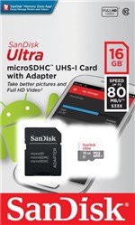 Ficha técnica e caractérísticas do produto Cartao de Memoria 16 Gb Sandisk Ultra Micro Sd Classe 10 80m