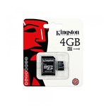 Ficha técnica e caractérísticas do produto Cartão de Memória 4GB MicroSDHC com Adaptador SD, Classe 4 - Kingston - Kingston