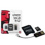 Ficha técnica e caractérísticas do produto Cartao de Memoria 16GB Classe 4 Kingston Multikit Micro SD + Adptador SD + Adptador USB - MBLY4G2/16GB