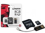 Ficha técnica e caractérísticas do produto Cartao de Memoria Classe 4 Kingston MBLY4G2/8GB Multikit 8GB Micro SD + Adaptador SD + Adaptador USB