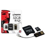 Ficha técnica e caractérísticas do produto Cartao de Memoria 32GB Classe 4 Kingston Multikit 32GB Micro SD + Adptador SD + Adptador USB - MBLY4G2/32GB