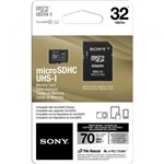 Ficha técnica e caractérísticas do produto Cartão de Memória 32GB Sony Micro SDHC com Adaptador, Classe 10, 70Mb/s SR-32UY2