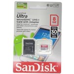 Ficha técnica e caractérísticas do produto Cartão de Memória Micro SD 8GB Class 10 Ultra com Adaptador - SanDisk