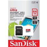 Ficha técnica e caractérísticas do produto Cartão de Memória SanDisk 64GB Ultra MicroSDHC (Classe 10) Card + Adapter For Android (SDSDQUAN-064G-G4 T) - Sandisk