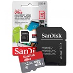 Cartão de Memória SanDisk 32Gb MicroSD C/ Adaptador, SDSQUNC-032G, Classe 10, Ultra 80Mb/s