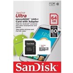 Ficha técnica e caractérísticas do produto Cartão de Memória SanDisk Micro SD Ultra Classe 10 - 64GB - 80MB/S