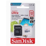 Ficha técnica e caractérísticas do produto Cartão De Memória Sandisk Ultra Micro 32gb Classe 10 80mbs