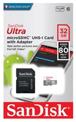 Ficha técnica e caractérísticas do produto Cartão 32GB Micro SD com Adaptador SD - Classe 10 - Velocidade Até 80MB/s - Sandisk Ultra SDSQUNS-032G-GN3MA