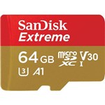 Ficha técnica e caractérísticas do produto Cartão SanDisk Micro SD 64GB Extreme Classe 10 Vel. Até 100MB/s 4K e Full HD SDSQXAF-064G-GN6MA