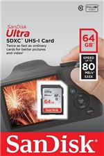 Ficha técnica e caractérísticas do produto Cartão SDXC Sandisk 64GB Classe 10 Ultra 80MB/s