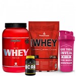 Ficha técnica e caractérísticas do produto Combo Nutri Whey Pote + Power Whey Refil + Powerbcaa + Coqueteleira Rosa - Chocolate